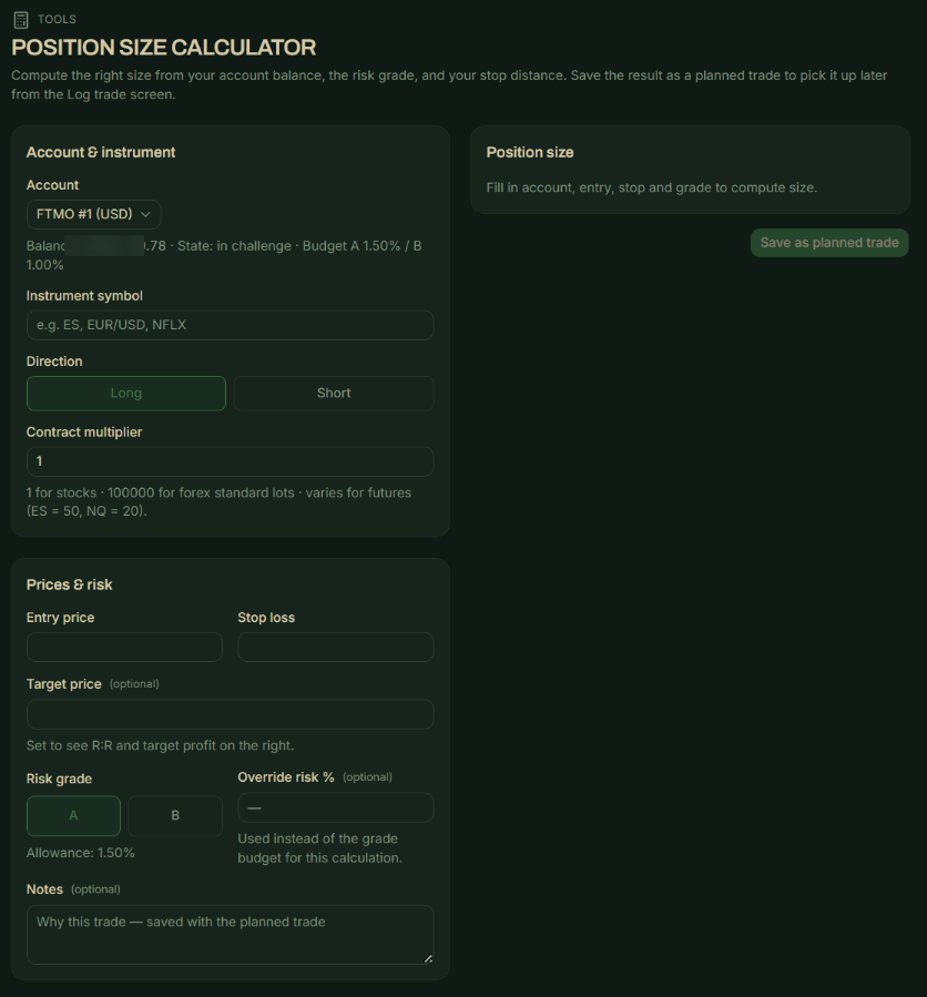 The position size calculator, showing account state, risk grade budgets and stop distance inputs